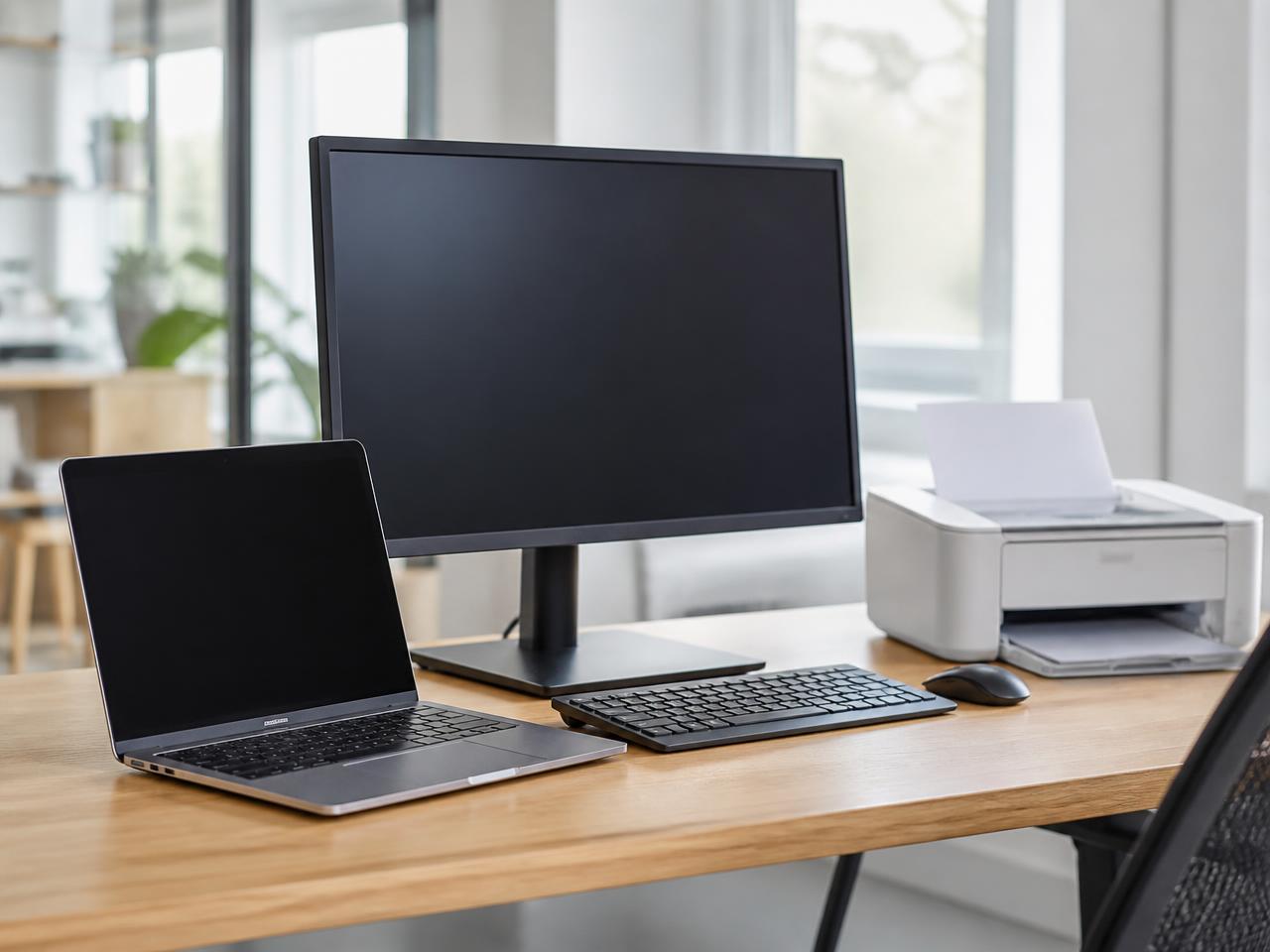 Desks with business computers, monitors and a printer in a modern office